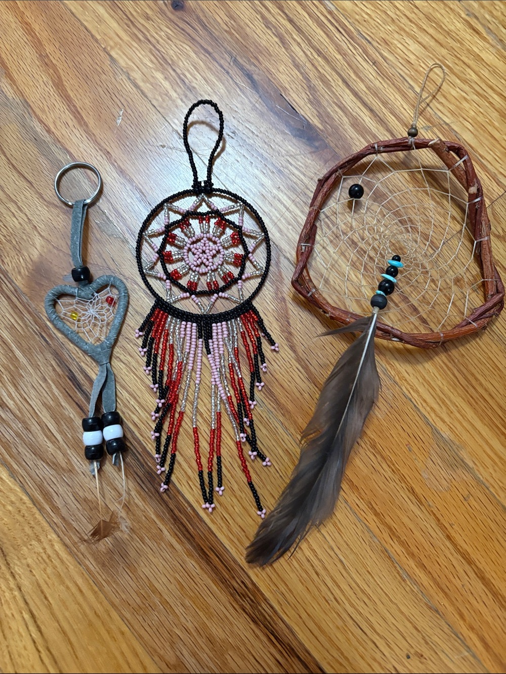 (3) Handmade Beaded Dreamcatcher Wall Hanging - Red, Pink & Black
